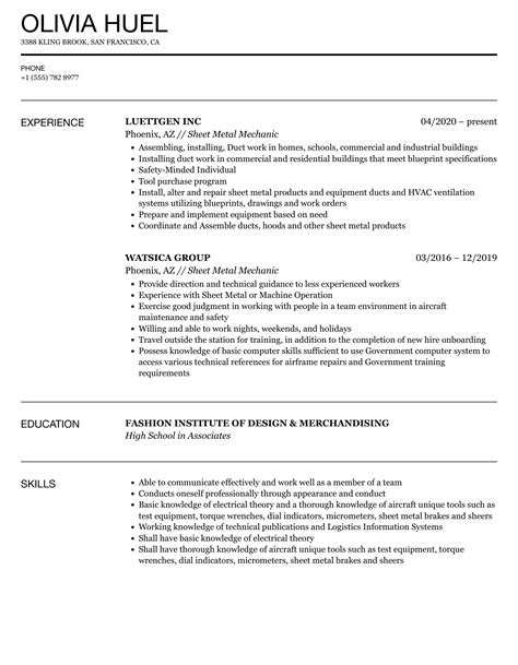 sheet metal mechanic resume examples|Sheet Metal Mechanic Resume Example for 2024: .